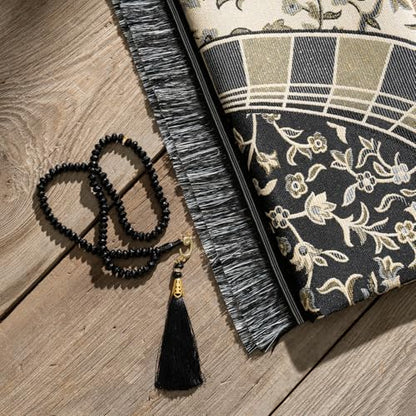 Muslim Prayer Rug with Islam Prayer Beads - Travel Prayer Mat, Islamic Gifts for Women, Portable Prayer Matt Islam, Islamic Prayer Rug Islam Men Women, Praying Mat for Muslim Gifts, Black - color: Black