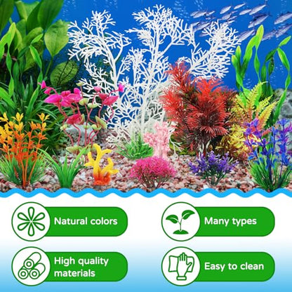 QUOZUO Aquarium Decorations Plants with Resin Coral, 12 pcs Fish Tank Accessories, Fish Tank Decorations Small Plants Plastic, Aquarium Decor Artificial Plant