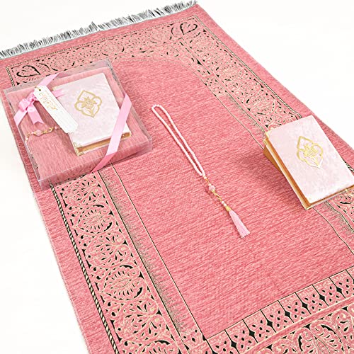 IEF Personalized Prayer Rug Quran Prayer Beads Islamic Gift Set, Ramadan Eid Wedding Birthday Mother's Day Father's Day Anniversary Day Gifts - color: Pink