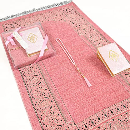 IEF Personalized Prayer Rug Quran Prayer Beads Islamic Gift Set, Ramadan Eid Wedding Birthday Mother's Day Father's Day Anniversary Day Gifts - color: Pink
