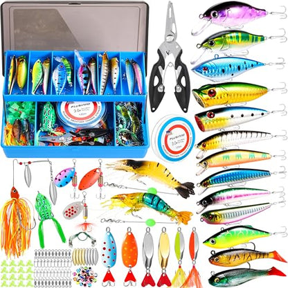 PLUSINNO Fishing Lures Fishing Tackle Box Fishing Gifts for Men, Bass, Trout Fishing Accessories Kit for Saltwater & Freshwater Fishing Gear Including Topwater Lures, Hooks, Spinnerbaits - color: 194PCS tackle box