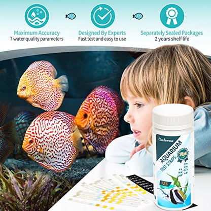 Umlecoa 7 in 1 Aquarium Test Kit for Freshwater and Saltwater - 125 Aquarium Test Strips with Test Tube & Thermometer - Fast & Accurate Water Testing Strips for Aquarium/Pond/Pool - size: 7 IN 1