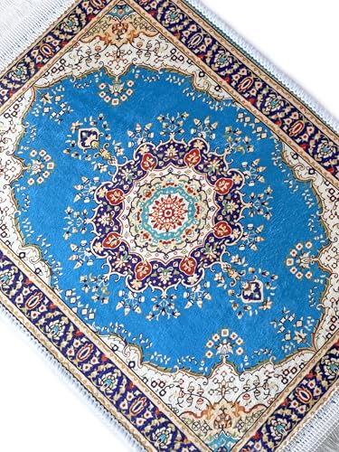 Foldable Muslim Small Prayer Mat for Head Portable Classic Pattern Islamic Small Prayer Rug Salah Carpet Mat with Tassel - color: Blue