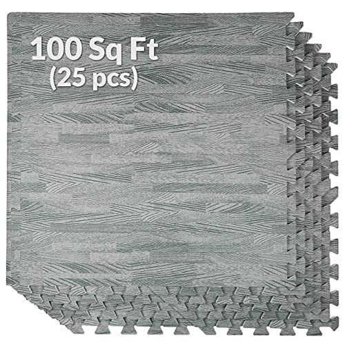 100 Sq. Ft 3/8 Inch Thick Printed Foam Tiles Interlocking Foam Mat, Sea Haze Grey Wood Grain Style Print, (24"x24", 25 pcs), Protective Flooring for Home, Exercise or Trade Show - color: Sea Haze Grey