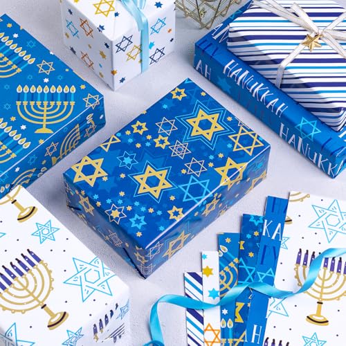RUSPEPA Hanukkah Wrapping Paper Sheets, Star of David, Menorah, Happy Hanukkah and Stripe Design, Blue and Gold Gift Wrap for Christmas, Holiday, Birthday, 6 Folded Sheets, 19.68 X 27.5 Inch - color: Blue Hanukkah