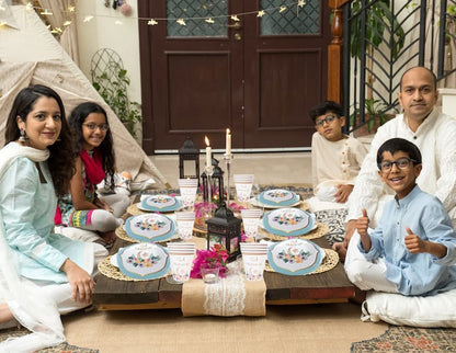 Eid Mubarak Tableware Set for Ramadan Mubarak Table Decorations Supplies Muslim Happiness Ramadan Dessert Plates Eid Al-fitr Party Napkins Forks for 16 Guests Ramadan Party Favors (Blue)