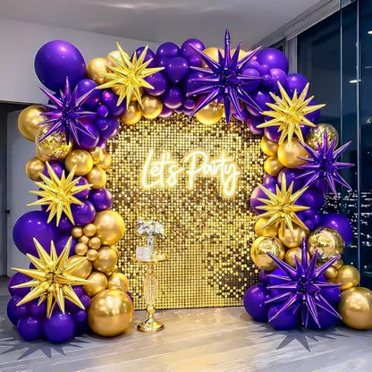 9Pcs Purple and Gold Star Balloons, Large Spike Foil Balloons Party Decor - color: Gold + Dark Purple