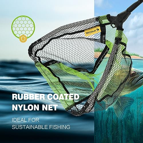 Black Paw Floating Fishing Net Foldable Telescopic Fish Landing Net with Built in Length Scale Rubber Coated for Kayak, Fly, Trout