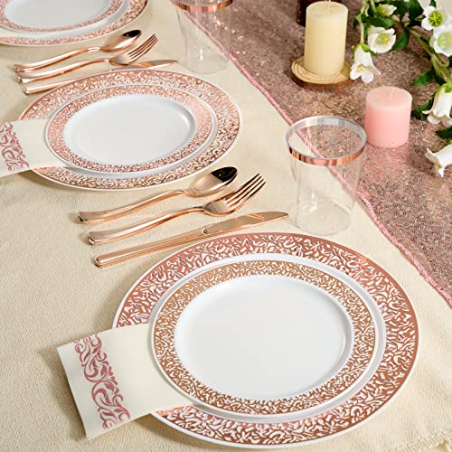 FOCUSLINE 175 Ct Rose Gold Dinnerware Set for 25 Guests, Plastic Plates with Rose Gold Lace Rim Design, Including 25 Disposable Dinner & Dessert Plates, Cups, Napkins, Cutlery Set - color: Rose Gold Dinnerware Set