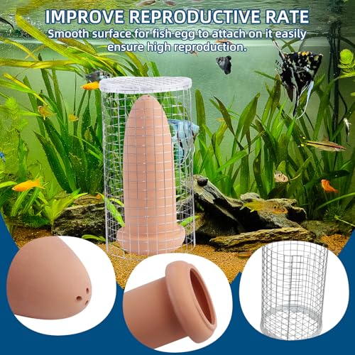 Saim Fish Breeding Cones Cave, Ceramic Spawning Breed Cone, 9.94 inch | Spawning Slates for Fish Tank, Spawning Barrels for Discus Fish Angelfish, with Isolation net