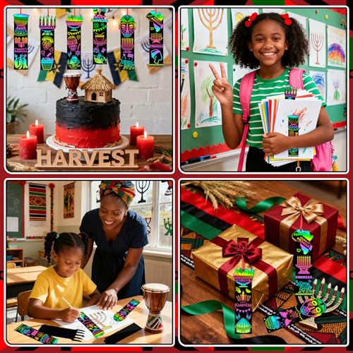 JUNEBRUSHS 30Pcs Kwanzaa Crafts for Kids, Rainbow Magic Scratch Art Paper Bookmarks Kwanzaa Gifts for Kids School Classroom Activities Games DIY Arts and Crafts Kit Party Favors - style: Kwanzaa Style