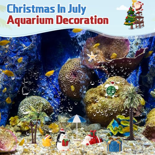 Soulchen 18 Pcs Christmas in July Decorations Mini Resin Fish Tank Decorations Miniature Santa Tree Snowman for Fish Tank Aquarium Landscape Statue Supplies Table Decor