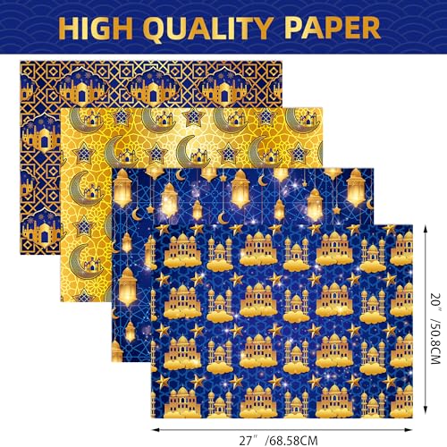 Welpurch 12 Sheets Eid Mubarak Wrapping Paper, 20x27in Moon Star Words Lantern Patterns Gift Wrap Paper Ramadan Kareem Wrapping Paper for Islamic Muslim Party Favor Gift Wrapping Crafts Supplies