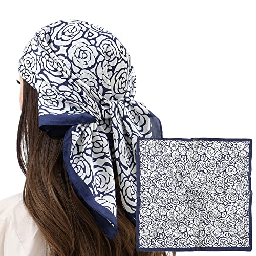RIIQIICHY Women Head Hair Scarf Like Satin Silk Scarf Sleeping Hair Wrapping Night 27.5" - color: Dark Blue/White