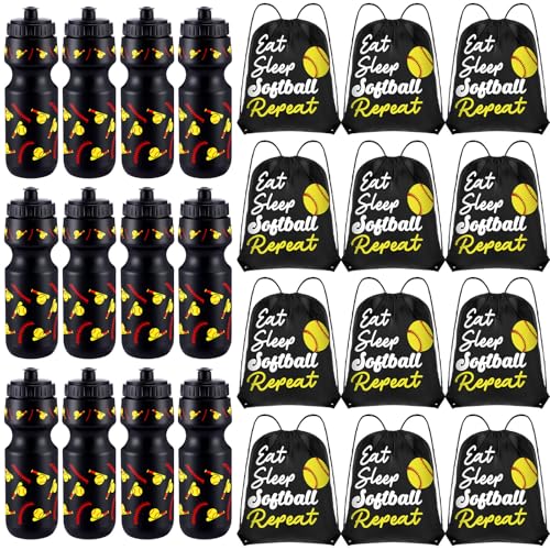 Reallnaive Party Favors Gifts, 24 oz Water Bottles Reusable Sport Squeeze Drinking Cup, Eat Sleep Drawstring Bag Cinch Sack Sport Pack for School Team Gift Event Accessories - style: Softball