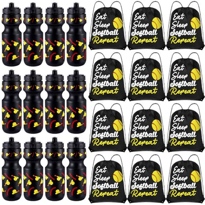 Reallnaive Party Favors Gifts, 24 oz Water Bottles Reusable Sport Squeeze Drinking Cup, Eat Sleep Drawstring Bag Cinch Sack Sport Pack for School Team Gift Event Accessories - style: Softball