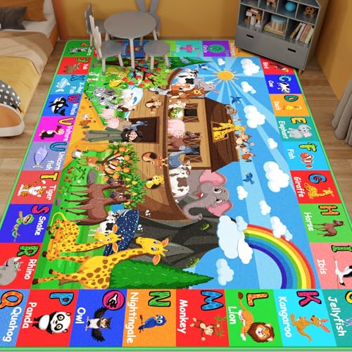 ABC Kids Rug for Playroom 110×78.7 in Noah's Ark Animals Rug Play Mat Alphabet Playmat Shape Color Classroom Carpet Kids Playroom Early Learning Carpet for Preschool Tummy - color: Noah's Ark Animals, size: 78.7 × 110 inches (Rectangular)