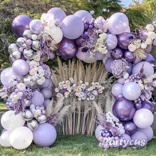 Pastel Purple White Balloon Arch Double Stuffed, Light Lavender Pearl Balloon Garland Kit with Metallic Lilac Silver Color for Bridal Shower Wedding Birthday Graduation Mothers Day Party Decoration - color: Purple White