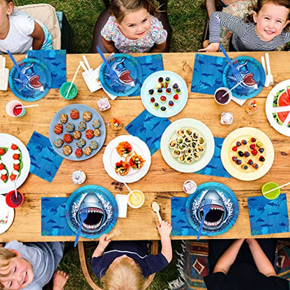 24 Guests Shark Theme Party Decorations Under the Sea Party Tableware Set Shark Baby Shower Plates Napkins and Forks Ocean Birthday Table Decorations Supplies 96Pcs - style: Shark