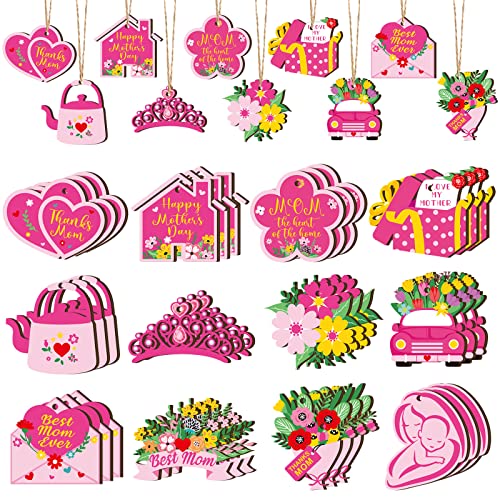36 Pcs Mother's Day Ornaments, Wood Cutouts with Rope for Tree - style: Heart