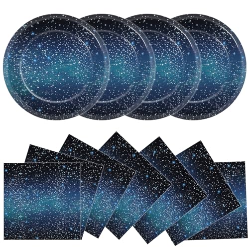 48Pcs Starry Night Starry Sky Galaxy Paper Plates and Napkins Solar System Party Decorations Ramadan Birthday Party Supplies Outer Space Disposable Tableware for Baby Shower Boys Girls Serves 24 - style: Starry Night