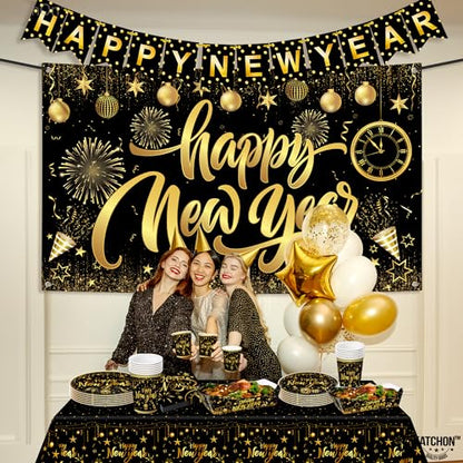 KatchOn, New Years Eve Plates and Napkins Set - Serve 25 Guest | Gold Fringe Curtain Backdrop, Happy New Year Banner | Gold Backdrop, New Years Plates and Napkins and Cups, Happy New Year Decorations