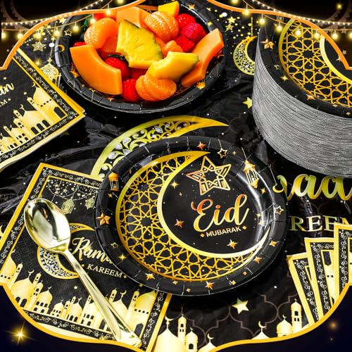 SiliFine 100 Pcs Eid Al Adha Islamic Ramadan Party Decorations Supplies Eid Adha Muslim Paper Plate Bulk 7 Inch Disposable Dessert Plate Mubarak Dinner Tableware Decoration(Black and Gold)