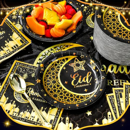 SiliFine 100 Pcs Eid Al Adha Islamic Ramadan Party Decorations Supplies Eid Adha Muslim Paper Plate Bulk 7 Inch Disposable Dessert Plate Mubarak Dinner Tableware Decoration(Black and Gold)