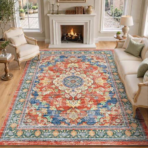 8x10 Area Rugs for Living Room, Boho Washable Non Slip Carpet, Retro Red - color: Retro Red, size: 8' x 10' (Rectangular)