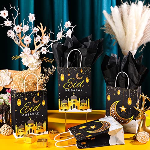 Censen 16 Sets Eid Mubarak Gift Bags with Tissue Paper, Ramadan Goodies Bags for Ramadan Party Supplies Favor (Black) - color: Black