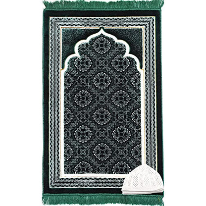 Modefa Turkish Islamic Prayer Rug - Soft Velvet Janamaz Praying Carpet - Comfortable Muslim Praying Mat for Men & Women - Ramadan or Eid Gift - with Kufi Prayer Cap - Elegant Swirl (Green #2) - color: Green #2