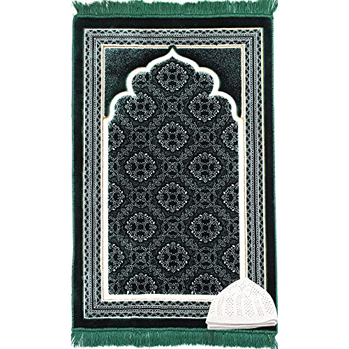 Modefa Turkish Islamic Prayer Rug - Soft Velvet Janamaz Praying Carpet - Comfortable Muslim Praying Mat for Men & Women - Ramadan or Eid Gift - with Kufi Prayer Cap - Elegant Swirl (Green #2) - color: Green #2