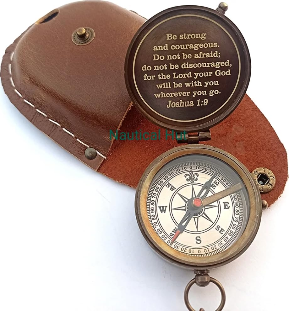 Be Strong and Courageous for The Lord Engraved Brass Antique Compass with Leather Case - Joshua 1:9 Brass Pocket Compass Camping & Hiking Compass for Birthday, Anniversary, Graduation, Baptism (X)