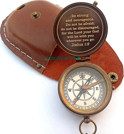 Be Strong and Courageous for The Lord Engraved Brass Antique Compass with Leather Case - Joshua 1:9 Brass Pocket Compass Camping & Hiking Compass for Birthday, Anniversary, Graduation, Baptism (X)