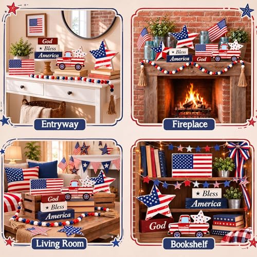 Yousoontic 7 Pcs 4th of July Tiered Tray Decor Set, Patriotic Wooden Table Decorations with Bead Garland, Rustic Farmhouse USA Independence Day Decor for Kitchen, Tabletop, Mantel - style: 4th of July