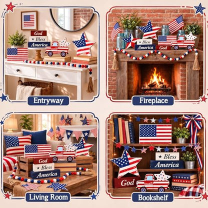 Yousoontic 7 Pcs 4th of July Tiered Tray Decor Set, Patriotic Wooden Table Decorations with Bead Garland, Rustic Farmhouse USA Independence Day Decor for Kitchen, Tabletop, Mantel - style: 4th of July