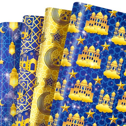 Welpurch 12 Sheets Eid Mubarak Wrapping Paper, 20x27in Moon Star Words Lantern Patterns Gift Wrap Paper Ramadan Kareem Wrapping Paper for Islamic Muslim Party Favor Gift Wrapping Crafts Supplies