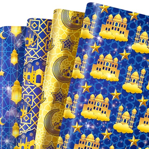 Welpurch 12 Sheets Eid Mubarak Wrapping Paper, 20x27in Moon Star Words Lantern Patterns Gift Wrap Paper Ramadan Kareem Wrapping Paper for Islamic Muslim Party Favor Gift Wrapping Crafts Supplies