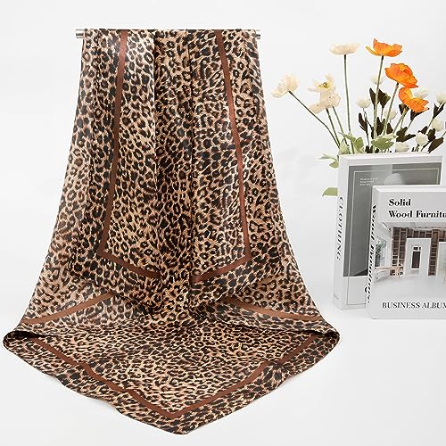 AWAYTR 35” Large Satin Square Head Scarf - 2Pcs Silk Like Floral Head Scarves Square Satin Hair Scarf Bandanas for Women - color: Leopard + Black