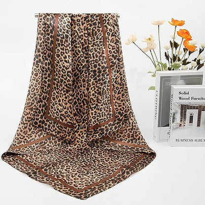 AWAYTR 35” Large Satin Square Head Scarf - 2Pcs Silk Like Floral Head Scarves Square Satin Hair Scarf Bandanas for Women - color: Leopard + Black