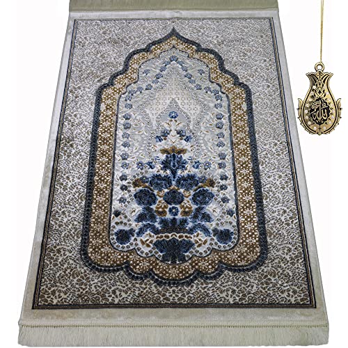Modefa Turkish Islamic Velvet Prayer Rug - Prayer Mat Carpet for Men and Women - Traditional Muslim Janamaz Sajada - Ramadan or Eid Gift - with Car Hanger - Luxury Winter Rose (Brown/Blue) - color: Brown / Blue