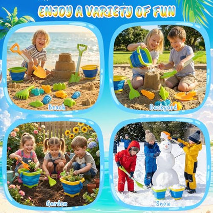 Beach Toys for Kids,Travel Sand Toys Beach Essentials for Kids Age 3-10 | Sand Castle Building Kit with 2 Collapsible Bucket,2 Long Beach Shovels,Sand Molds,Mesh Bag Sandbox Toys for Boys Girls