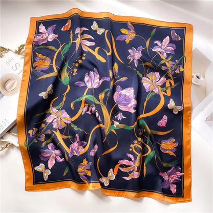 Stlvoll 27.5" Silk Neck Scarf of Women's Fashion Head Scarf Square Neck Satin Scarfs for Bag Hair Scarves Gift - color: Flower/Gold/Black/Purple