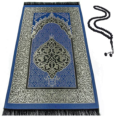 BAYKUL Muslim Prayer Rug,Islamic Turkish Prayer Rugs,Great Ramadan Gifts,Prayer Mat for Women and Men,Islam Carpet,Portable Muslims Mats,Praying Rugs Islam with Beads,Gift Prayer Beads 99 (D.Blue) - color: D.blue