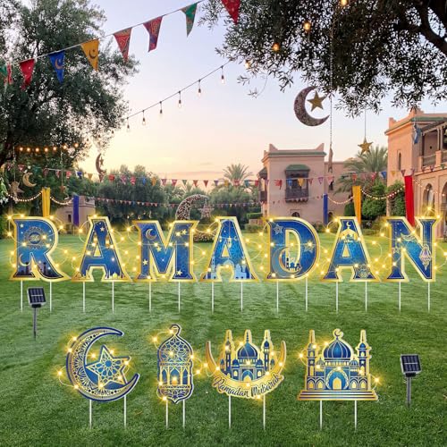 11 Pcs Ramadan Mubarak Yard Signs 7 Letters 4 Signs with Stakes and 2 Rolls String Lights Eid Mubarak Party Yard Sign Lawn Decorations Party Decorations for Home Front Door Garden Decor - style: Ramadan Mubarak
