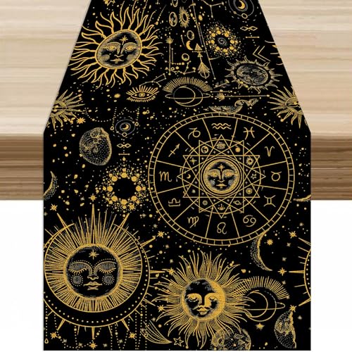 Sun Moon Table Runner,Boho Hippie Mystic Astral Celestial Tarot Constellation Moon Starry Night Tabletop Restaurant Dining Kitchen Wedding Party 13x36 Inch - color: Moon Style-14, size: W13X L36