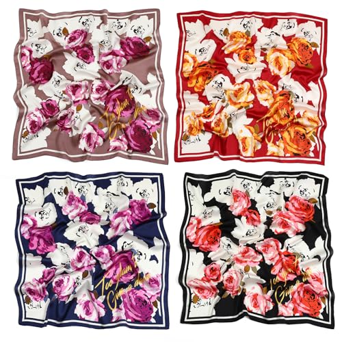 STARWHISPER 27" Square Head Scarf for Women Silk Feeling Satin Scarf Women Fashion Silk Scarf for Wrapping Hair - color: Peony4