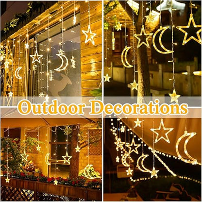 Star Moon Curtain Lights 11.5ft Remote Control LED Fairy Light Strings, 8 Flashing Modes Waterproof Decorative Lights for Garden, Christmas, Wedding, Party, Bedroom Decorations(Warm White)