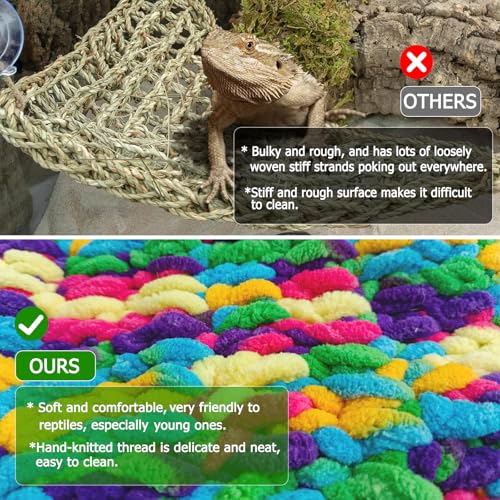 QWR 30" x 7" Hand-Knitted‌ Soft Reptile Lizard Hammock,Lengthened Thicker Hammock for Bearded Dragon Tank Swing Hanging with Strong-Adhesive Hooks,Breathable Bed for Gecko Chameleon(Rectangular)