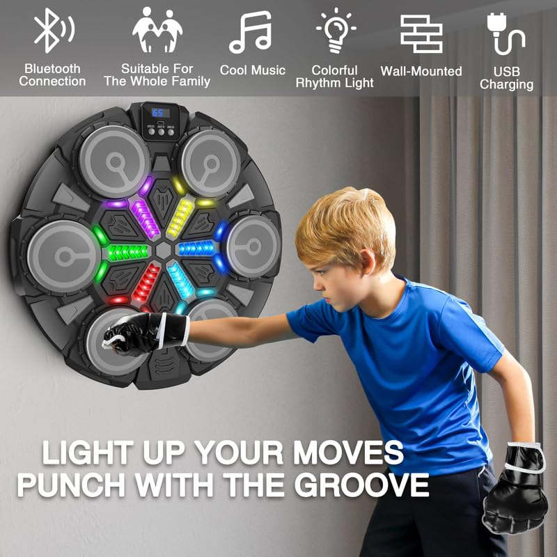 Music Boxing Machine Sport Toys for Kids and Adults,Wall Mounted Bluetooth Smart Punching Target,Training Pad Toy with Boxing Glove,Ideas Toys for Boys Girls Kids 3 4 5 6 7 8 9 10 11 12+ Years Old - color: Black M